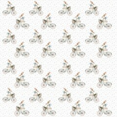 Bicycles with flowers and baguettes on a light background in a playful pattern