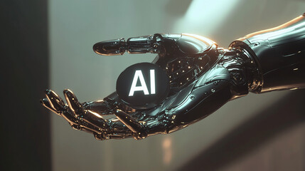 Futuristic Robotic Hand Holding Illuminated "AI" Logo: A Symbol of Advanced Technology and Artificial Intelligence