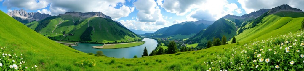 Obraz premium 360 degree photo, Lush Green Valley with River, A 360-degree image