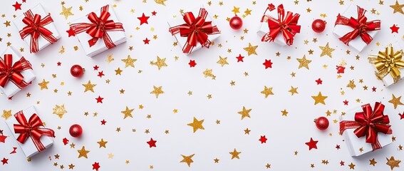 A group of red and gold-wrapped presents with red and gold ribbons, arranged on a plain white background with scattered stars, Ideal for holiday marketing, gift-themed promotions, and Christmas card