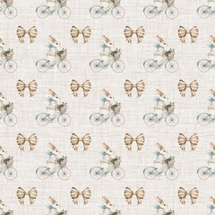 Pattern featuring vintage bicycles with flower baskets and butterflies on a textured background