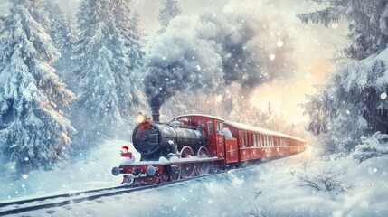 Santa's Christmas train in snow winter , the watercolour background.