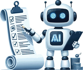 A robot with AI symbol holding data charts and documents points to a checklist on a scroll. Ideal for technology, artificial intelligence, data analysis, automation, and innovation. Simple vector art 