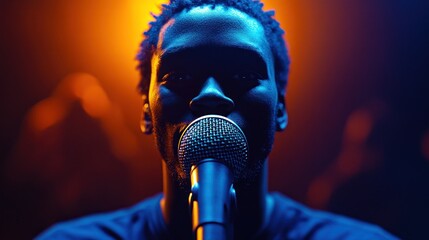 Naklejka premium A male vocalist sings into a microphone on stage under vibrant stage lighting.