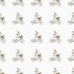 Bicycle pattern featuring floral designs and rabbits on a light background