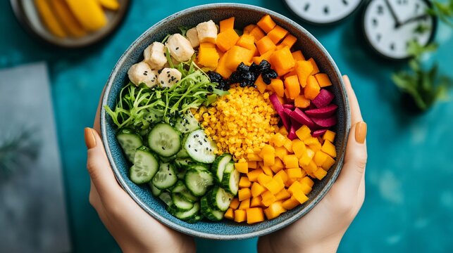 Intermittent Fasting Routine: Nourishing Salad Bowl Time Management Concept