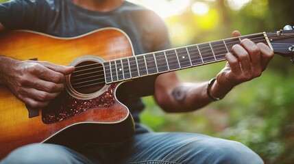 Obraz premium A man plays an acoustic guitar in a forest setting.