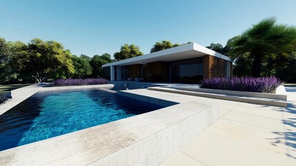Fototapeta premium Modern Poolside View of Luxurious Home