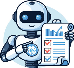 A robot with AI symbol holding data charts and documents points to a checklist on a scroll. Ideal for technology, artificial intelligence, data analysis, automation, and innovation. Simple vector art 