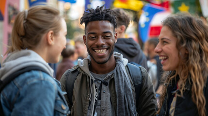 Young people share smiles and laughter at a lively outdoor gathering, with colorful flags in the background, suggesting a social or political event