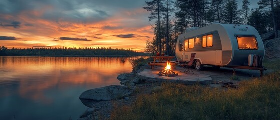 A cozy campervan parked by a tranquil lake, bathed in the warm glow of a sunset, with a campfire crackling in the foreground.