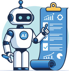 A robot with AI symbol holding data charts and documents points to a checklist on a scroll. Ideal for technology, artificial intelligence, data analysis, automation, and innovation. Simple vector art 