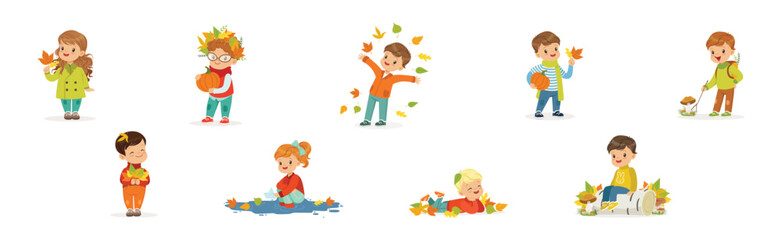 Autumn Children Enjoy Outdoor Seasonal Activity Vector Set