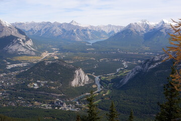 Photo of the Bow Valley, Bow River, Lake Minnewanka, Tunnel Mountain and Mount Rundle within Banff National Park in Alberta, Canada.