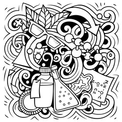Science cartoon vector doodle design. Detailed composition with lot of scientific objects and symbols