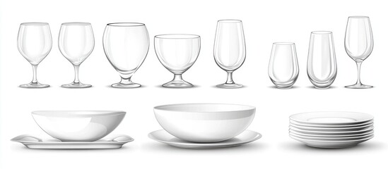 Set Clean Dishes Glasses On White Background