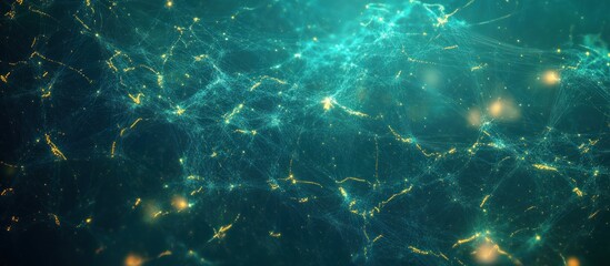 Fototapeta premium Abstract teal background with golden light streaks and bokeh.