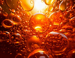 orange bubbles background, bright light, tiny round spheres floating
