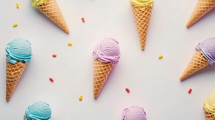 Bright and Colorful Ice Cream Cones Arrange on a White Background, Perfect for Summer Promotions, Dessert Menus, or Sweet Treat Marketing Campaigns