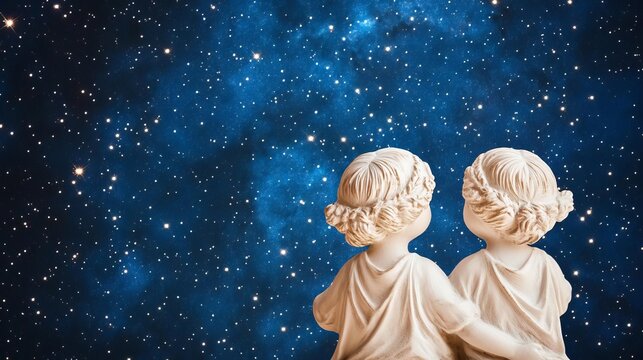 Gemini twins under starlit sky, symbolizing duality and curiosity