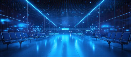Futuristic waiting area with blue neon lights and rows of empty chairs.
