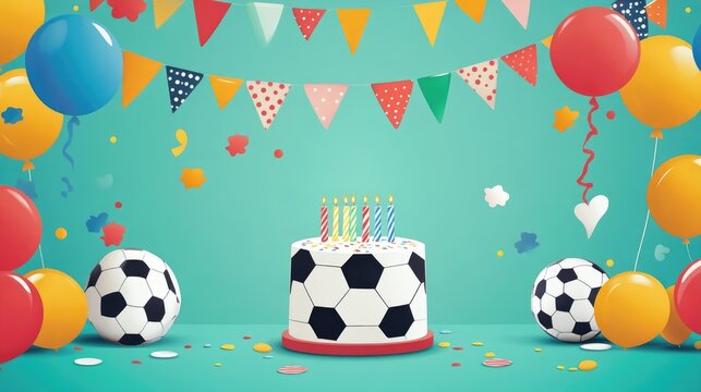 Soccer themed birthday card design featuring ample copy space Ideal template for a child s birthday celebration Engaging and vibrant layout perfect for greeting cards