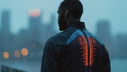 Futuristic smart clothing with advanced body temperature regulation worn by individual in urban setting showcasing innovative wearable health technology for continuous wellness monitoring