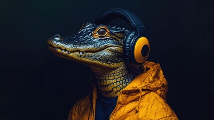 A trendy alligator wearing headphones and a yellow jacket exudes a laid back music enthusiast aura set against a dark background