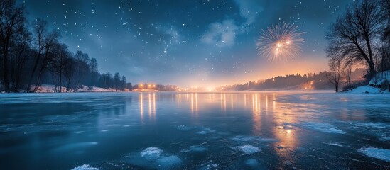 A frozen lake with snow covered shores reflects a starry night sky with fireworks and city lights.