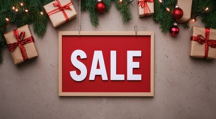 An exclusive Christmas sale for discount is adorned with decorations, including gifts and greenery, creating a cheerful holiday shopping atmosphere.