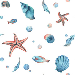Seashells, starfish, seaweed, fish and bubbles. Watercolor illustration of underwater world hand drawn Seamless pattern on white background for fabric, textile, prints, design and decoration. © NATASHA-CHU