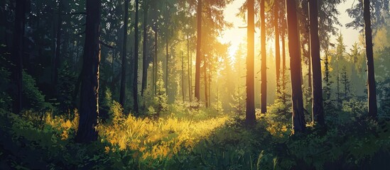 Fototapeta premium Sun In The Forest Looks Out Of The Tall Pines