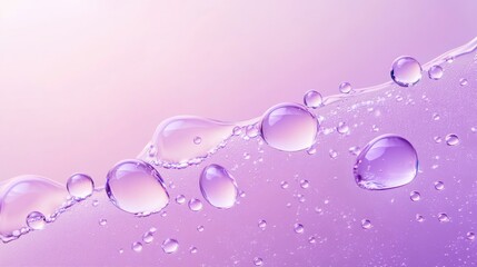 Serum or water droplets on a purple gradient surface Texture of a clear liquid skincare cosmetic product featuring toner or cleanser lotion and hyaluronic serum with bubbles