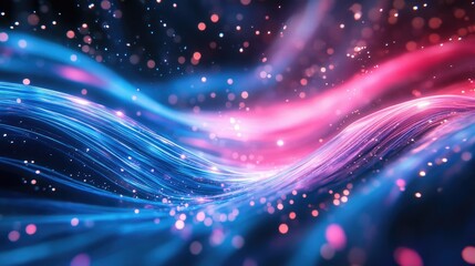 Obraz premium An energetic abstract illustration featuring blue and pink fiber optic lights flowing through a dimly lit environment