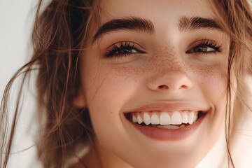 Close-up of a woman smiling with perfect teeth against a white background, studio shot, high-resolution photography, high detail
