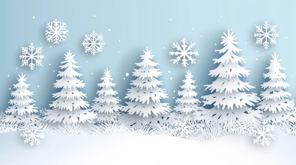 The background is light blue with paper cut trees and snowflakes