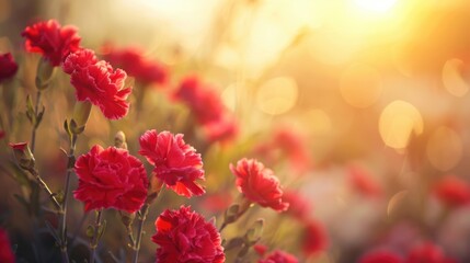Red carnation, a composition of beautiful flowers, the morning sun. Natural floral background. A place for the text.