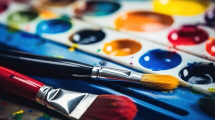 A palette of different watercolor paint with a brush on it.