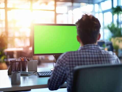 Focused Programmer:  A rear view of a young man concentrating on his work at a desktop computer with a vibrant green screen.  Perfect for showcasing software, apps, or website designs. 