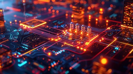 Obraz premium Detailed electricity grid diagrams Electricity transmission towers with neon lights glowing wires. Energy infrastructure concept energy facility industry and business banner background