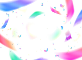 Realistic holographic confetti, glitter foil pieces falling, shiny iridescent streamers, serpentine vector background