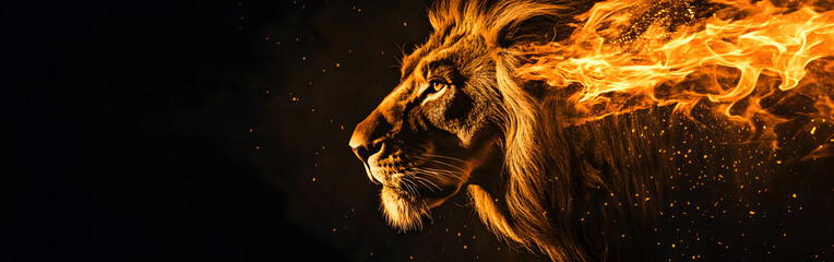 Majestic Lion Side Profile with Fiery Mane on Dark Background