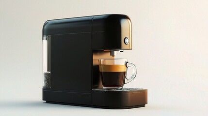 Sleek and Modern Coffee Machine Isolated on White Background with Fresh Brewed Coffee in Transparent Glass Cup Highlighting Elegant Design and Functionality