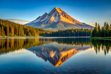 A stunning mountain landscape reflects in a tranquil lake, surrounded by lush forests under a clear blue sky.