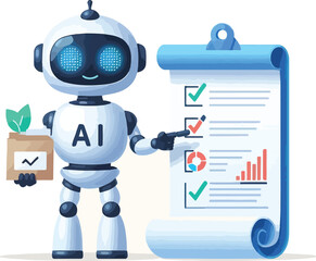 A robot with AI symbol holding data charts and documents points to a checklist on a scroll. Ideal for technology, artificial intelligence, data analysis, automation, and innovation. Simple vector art 