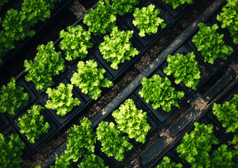 A hydroponic farm with rows of vibrant green plants growing in nutrient-rich water systems 