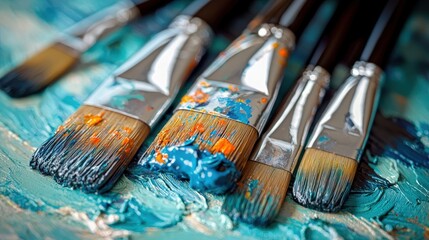 Fototapeta premium Close-up view of diverse paintbrushes with colorful paint on canvas in an artist's studio