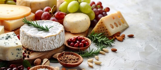 Assortment of cheeses displayed on cheese platter with grapes, nuts, knife, and spices on white tiled background with copy space image