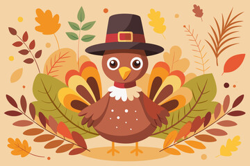 Thanksgiving Turkey Cartoon Vector with Autumn Leaves | Recraft AI Friendly Image