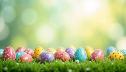Colorful Easter eggs on grass, cheerful mood, scattered in a vibrant outdoor setting, spring celebration
